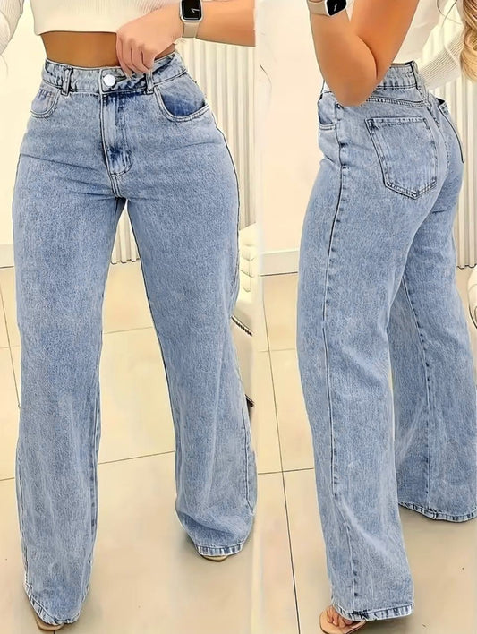 High-Waist Straight-Leg Washed Jeans-  FA-4440