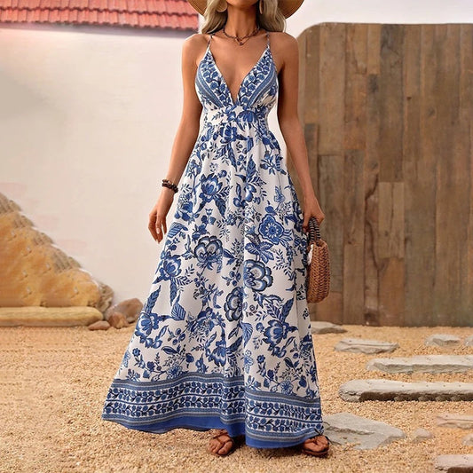 Women's V-Neck Strappy Floral Print Backless Maxi Dress
